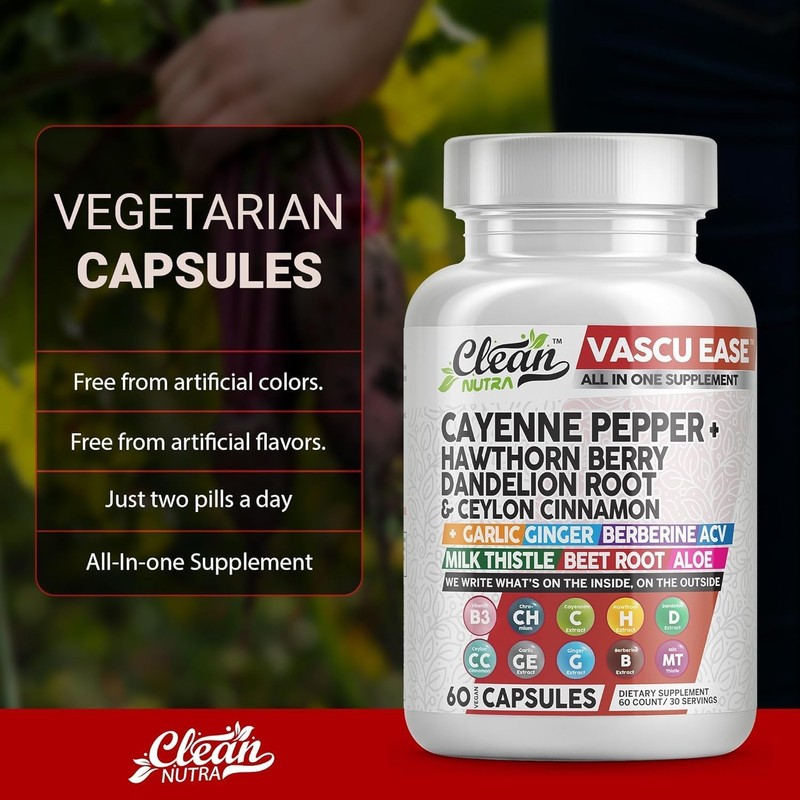 Clean Nutra Cayenne Pepper Capsules Supplement with Hawthorn Berry, Dandelion