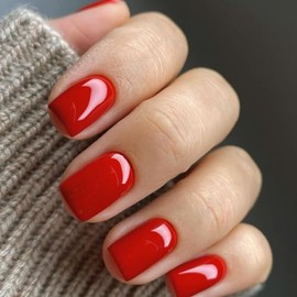 JUSTOTRY 24 Pcs Blood Red False Nails Short Square Pattern,Solid Press on Nails Short,Glossy Fake Nails,Pretty Squoval French Stick on Nails for Women and Teens Gifts