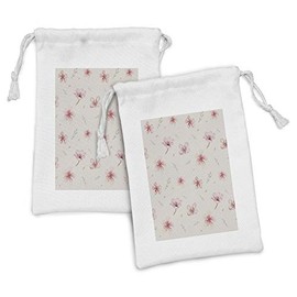 Lunarable Dusty Rose Fabric Pouch Set of 2, Vintage Pattern of Cherry Blossoms Ornate Spring Garden Inspired, Small Drawstring Bag for Toiletries Masks and Favors, 9" x 6", Dusty Rose Pale Green