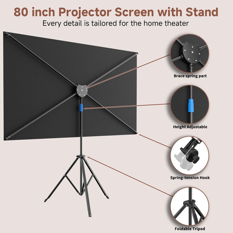 Projector Screen with Stand, 80 Inch Portable Projector Screen Outdoor