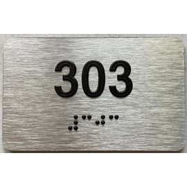 Apartment number sign - Unit number sign / Suite number sign comes with Raised letters & Grade 2 Braille - Includes Red Adhesive pad for Easy Installation (2.5" W x 4" H,Brushed Aluminum/silver, Tacticle Sign) - The park Ave Line (Apt 303)