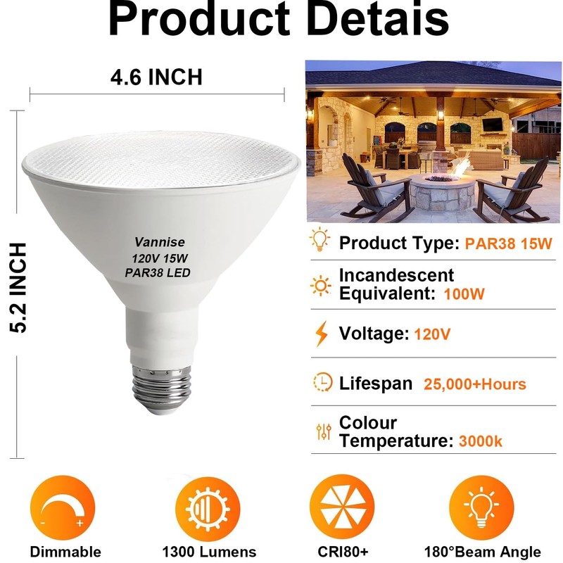Vannise Par38 LED Flood Light Bulbs High Output 1300LM 120W