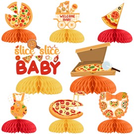 Fangleland 8Pcs Pizza Honeycomb Centerpieces Table Decorations, Pizza Theme Fast Food Table Decors Baby Shower Gender Reveal Birthday Party Supplies for Welcoming Baby
