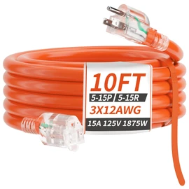 PlugSaf 10 FT 12/3 Gauge Extension Cord Outdoor with Lighted end, Flexible Cold-Resistant 3 Prong Electric Cord Outside, 15Amp 1875W 12AWG, Orange, ETL Listed