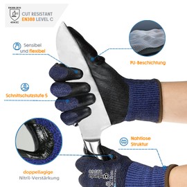 ANDANDA Cut Resistant Gloves Work Gloves 6 Pairs with PU Coating in M - Level 5 Cut Protection PU Coating Thin and Lightweight for Assembly, Building
