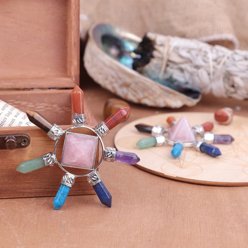 SUNYIK 7 Chakra Crystal Energy Generator,Healing Reiki Point Pyramid,Rose Quartz,Seven
