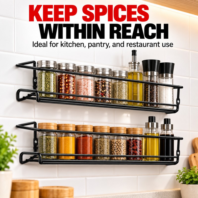 Wall-Mounted Spice Rack for Kitchen Storage – 2-Piece Metal Organizer