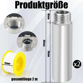 CONJURAIDE Tap Extension 1/2 Inch 80 mm Stainless Steel Extension Fitting 1/2 Inch Female x 1/2 Inch Male Thread Extension Water Thread Fitting with Sealing Tape for Water Connection Corner Valves