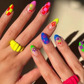 MISUD Almond Press on Nails Medium Stiletto Fake Nails Glossy Glue on Nails Rainbow French Tip Acrylic Nails Colorful Flower Plaid Design Stick on False Nails 24 pcs