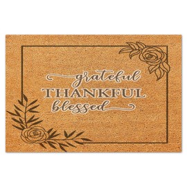 Grateful Thankful Blessed Coir Fiber Entrance Shoe Mat 16x24in Seasonal Wreaths Round Outdoor Welcome Mat Decorative Easy to Clean Entry Mat for Backyard Entry Home Decor