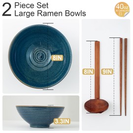 ArtifexCeram 8 Inch Ceramic Ramen Bowl Set of 2, 40oz Japanese Bowls with Spoons & Chopsticks,Durable,Microwave & Dishwasher Safe,Perfect for Ramen,Pho,Salad,Soup,Noodles，Mixing bowls（Azure）