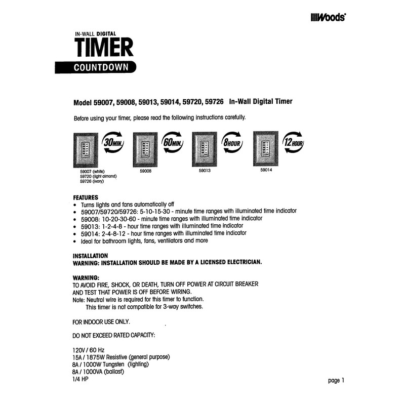 Woods 59014WD In-Wall 12-Hour Digital Countdown Timer, White