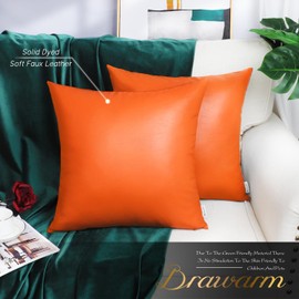 BRAWARM Faux Leather Throw Pillow Covers 16 X 16 Inches - Orange Leather Pilow Covers Pack of 2, Solid Dyed Leather Pillowcases for Couch Bed Sofa Garden Home Decorative