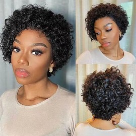 Yiifiulyn Pixie Cut Human Hair Wig for Black Women, Small Lace Front Wig, Curly Style Pixie Cut Wig (Natural Black)