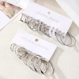 Set 12 Pares Aretes Geométricos Mujer Plateado