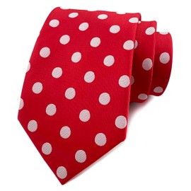 Elfeves Men's Hot Red Silk Ties White Polka Dot Cravat Woven Neckties for Wedding Dress