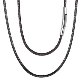 FOCALOOK Necklace / Bracelet, Fashion Faux Leather Necklace, Wax Cord Necklace, 2 mm or 3 mm Wide, Black Braided Leather Necklace, Gothic Leather Cord with Stainless Steel Clasp, 40 / 45 / 50 / 55 / 60 / 65 / 70 / 75 cm, Stainless Steel