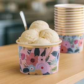 Prims & Flourish Paper Ice Cream Cups - 50-Count 9-Oz Disposable Dessert Bowls with Floral Patterns & Gold Foil