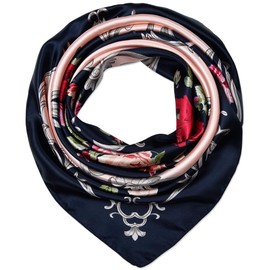 Corciova 35 x 35 Large Women Satin Square Silk Like Hair Scarf Wrap Headscarf Pink Oxford Blue Flower Curly Headband Bandana
