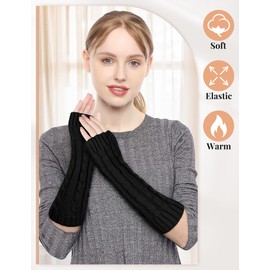 MELLIEX 2 Pairs Long Fingerless Gloves, Winter Knitted Half Finger Gloves, Arm Warmers with Thumb Hole for Men and Women, Black, Grey #2