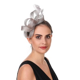 Haoijng Fascinators Hat for Women Cocktail Tea Party Headwear Flower Mesh Ribbon Feathers Headband (UK, Alpha, M, B1-Light Grey)