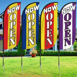Newwiee 4 Sets Open Feather Flag Pole Kit, 7.2 ft Tall Now Open Advertising Flag Banner with Fiberglass Pole Kit for Business Grand Opening Theme Outside Ground(Red, Yellow, Blue, Purple)