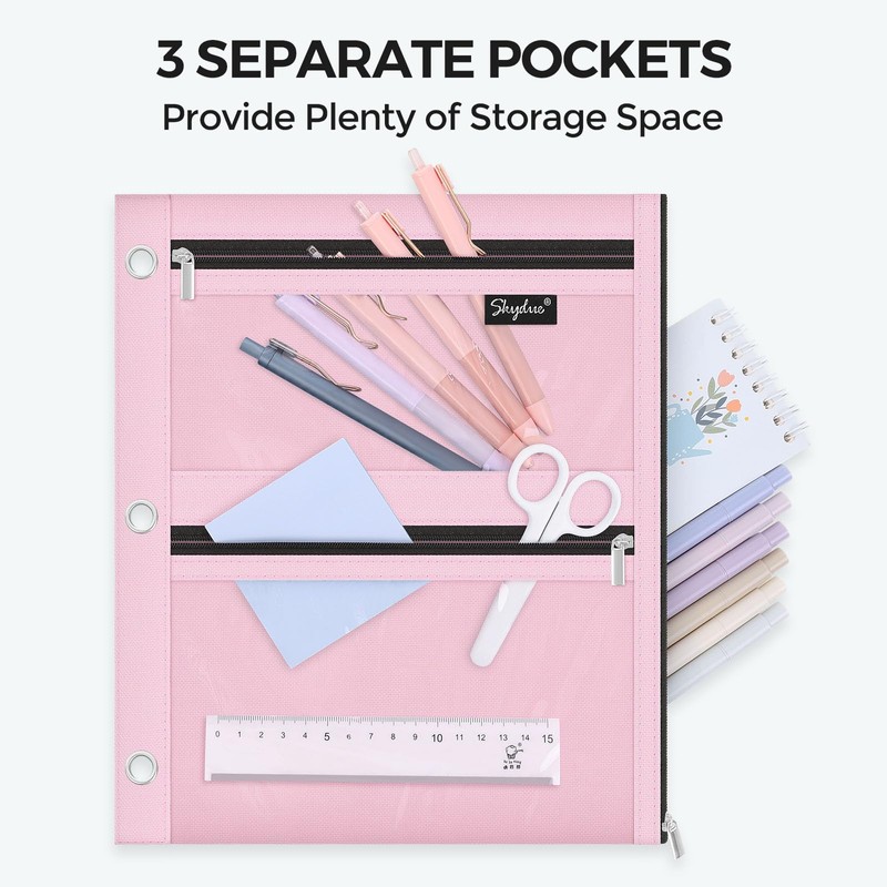 SKYDUE Pencil Pouch for 3 Ring Binder, 3 Pockets and