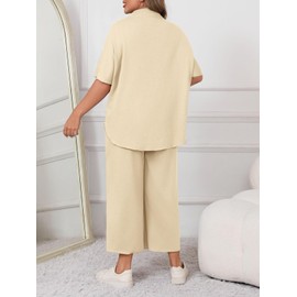 Beautife Women's Plus Size 2 Piece Outfits 3/4 Batwing Sleeve Capelet Crew Neck Pullover Top Wide Leg Pants Lounge Set Apricot