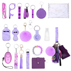 Ankilo Upgraded Safety Keychain Set for Women, Wristlet Strap Keychain with Personal Alarms, Mirror, Bottle Opener, Pom Pom, Whistle, etc. (Purple 18PCS)