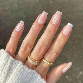 24Pcs Christmas Press on Nails Short Square Fake Nails White French Tip Glue on Nails Snowflake False Nails Pink Full Cover Acrylic Nails Xmas Gift Bow Stripe Stick on Nails Winter Artificial Nails