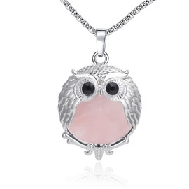 ZPMMPZ Cute Owl Necklace Rose Quartz Pink Crystal Angel Wings Necklaces Healing Crystals Necklace Reiki Spiritual Energy Long Necklace Pendant for Women Men