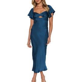 Summer Satin Flutter Sleeve Wedding Guest Dresses for Women Sweetheart Neckline Cutout Tie Back Midi Cocktail Dress Teal