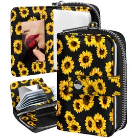 Bistup Credit Card Holder Wallet for Women Ladies Cute Small Teen Girls Female Rfid Leather Cardholder Wallets Organizer Purse Sunflower Flower Girly Aesthetic Print Unique Zipper