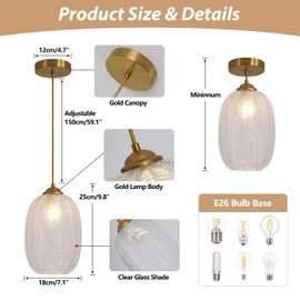 KCO Lighting Clear Glass Globe Pendant Light Ribbed Ceiling Light Brass Pendant Lights Kitchen Island Mid Century Modern Ceiling Hanging Light Gold Single Pendant Light