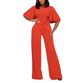 BessCops Orange Women Casual Loose Short Sleeve Belted Wide Leg Pant Romper Jumpsuits