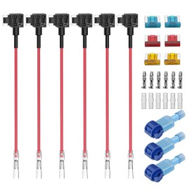 GUUZI Pack of 6 Low Profile Add-A-Circuit Fuse Adapters with Wiring Harness, 12V-24V Mini Fuse Holder with 6 Replacement Fuses (5A/10A/15A) + 1 Piece Fuse Puller