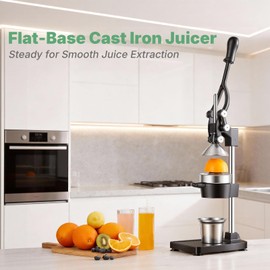 Hurmovae Cast Iron Juicer, 17"Tall & Sturdy Flat Base | Heavy-Duty Manual Hand Press Juicer For Orange Lemon Lime Pomegranate & Citrus, Orange Squeezer, Stainless Steel Cup, Easy to Clean, Black