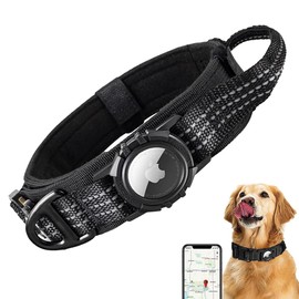 AZULDIMEN Collar para Perro AirTag, IP68 Ajustable y Impermeable Collar Táctico para Perro con Hebilla De Metal, Diseño Reflectante Y Acolchado Cómodo (Negro, M (6 * 38-47cm))