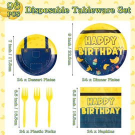 BOpusail 96Pcs Yellow Cartoon Party Tableware Set, Party Supplies for Kids Birthday School Theme Baby Shower Serves 24 Guests, Disposable Dinnerware Paper Dessert Dinner Plates Napkins Plastic Forks