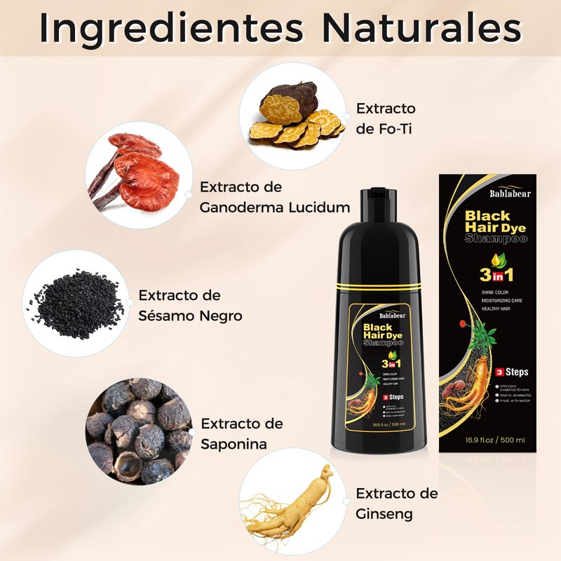 Black Hair Dye Shampoo 3 in 1, Shampoo Tinte para