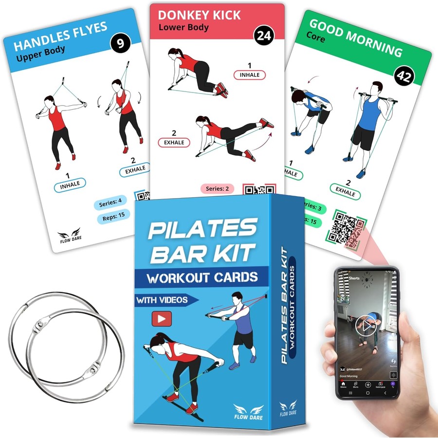 Pilates Bar Workout Cards, 62 Exercise Card Deck with Video Guide and Workout Plan for Home Fitness Training