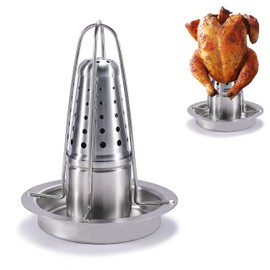 AMOZO Beer Can Chicken Holder for Grill and Smoker - Premium Grade 304 Stainless Steel Chicken Holder - Poultry roasters with flavouring Container.(1 Pack)