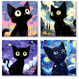 MOGTAA 4 Pack Cat Paint by Number for Adults Beginners with Frame, Starry Sky Paint by Numbers for Kids, Acrylic Paint by Number on Canvas, DIY Oil Painting by Number Kits for Gift Decor 20x20cm
