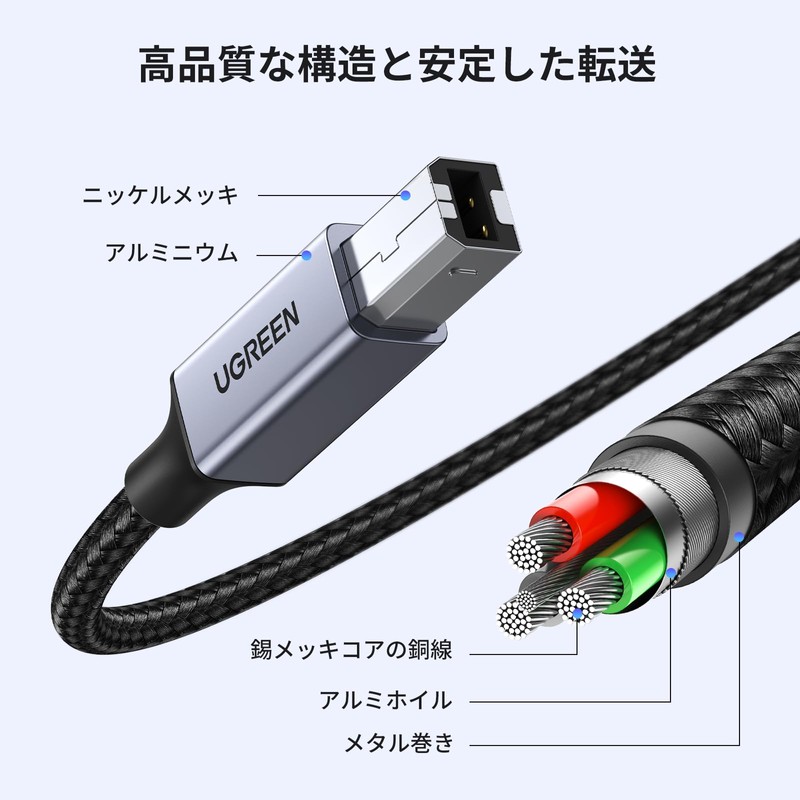 UGREEN USB B to C プリンターケーブル USBケーブル Type-C to Type-B