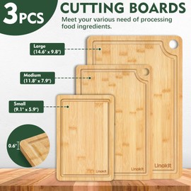 Bamboo Cutting Board, Unokit Wood Cutting Boards for Kitchen (Set of 3), Cutting Board with Juice Grooves & Built-in Handles, Ideal Charcuterie & Chopping for Meat, Vegetables