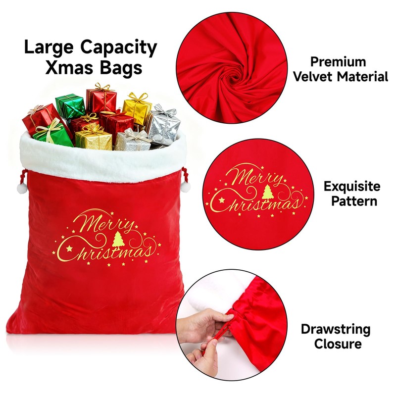 G2PLUS Large Velvet Santa Sack - 30x36 Inch Red Christmas