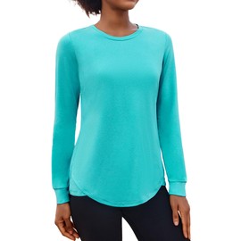 PINSPARK Women's Long Sleeve Workout Shirts Crew Neck Sports Yoga Running Dry Fit Tops Basic Loose Fit Side Split A_Turquoise Medium