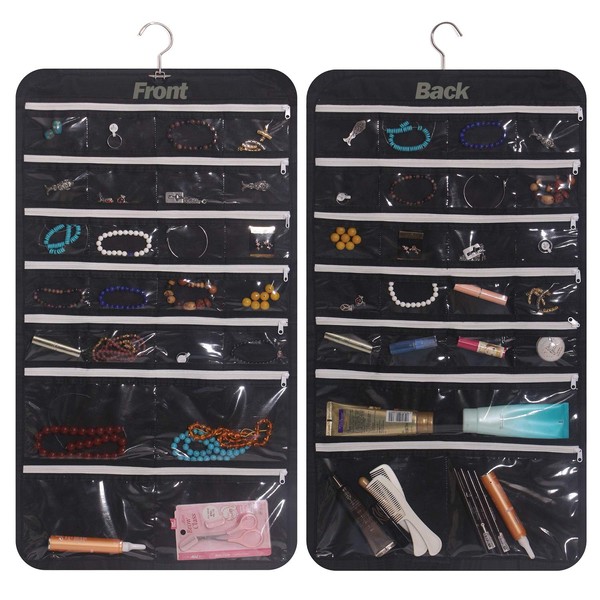 Hanging Jewelry Organizer 47 Pockets with Zipper for Earrings Necklace Bracelet Ring Accessory Display Storage Bag Travel Holder Box