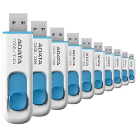 PSA COMPUTO Y PAPELERIA Memoria USB 2.0 ADATA 32 GB, Kit de 10 Piezas, Color Blanco/Azul (Modelo AC008-32G-RWE), Deslizable Diseño Elegante y Minimalista