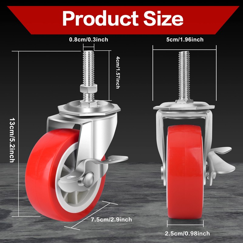 3 Inch Heavy Duty Stem Casters Swivel Wheels with Brake